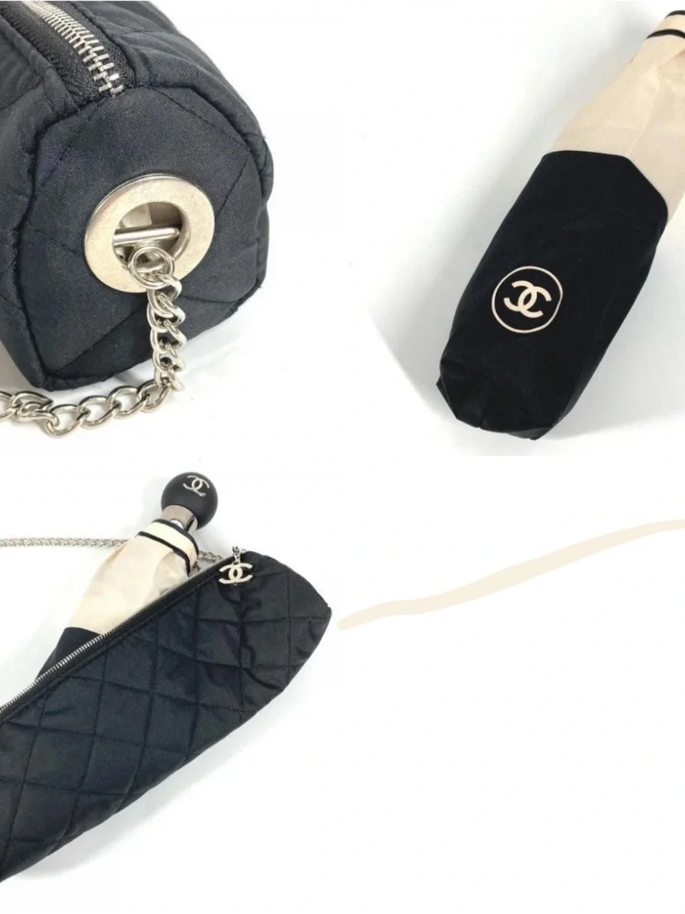 CHANEL CC Mark Compact Retractable Umbrella w/ Sleeve & Quilted Chain Case Bag